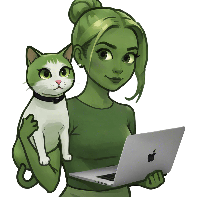 Blonde woman ponytail green eyes with cat and MacBook emoji