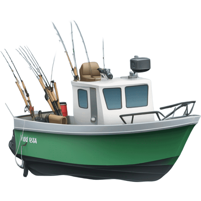 A little aluminium fishing boat with an outboard motor and lots of fishing rods on the sea emoji