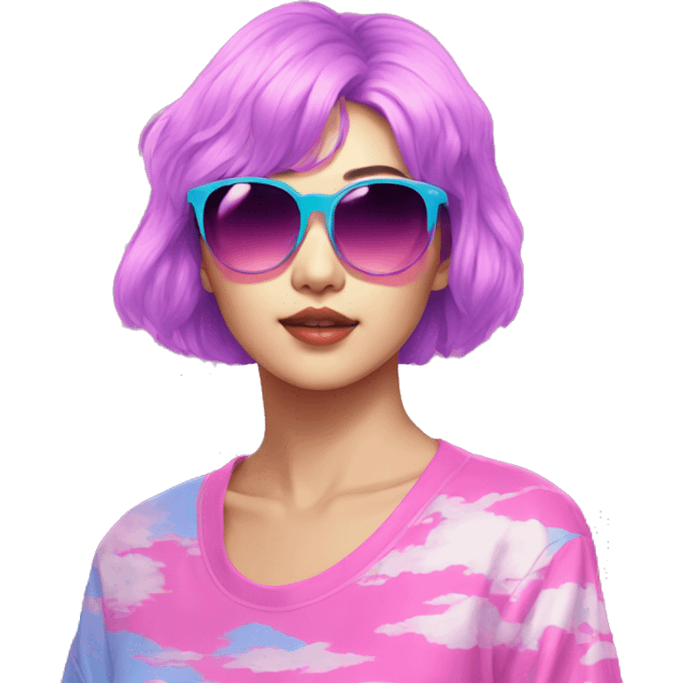 a short-haired Taiwanese lesbian with vaporwave style, sunglasses with vaporwave image on it. emoji