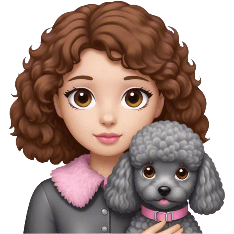 A girl with caramel brown hair holding a grey poodle emoji