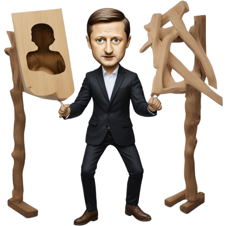 Hyper realistic Vladimir Zelensky pulls the strings of a wooden doll emoji