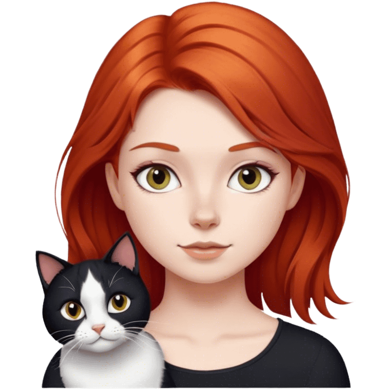 red haired girl with black and white cat emoji