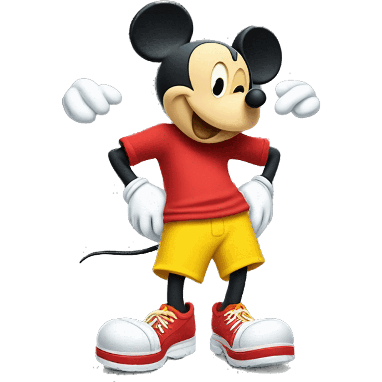 Mickey Mouse wearing red shorts and big yellow shoes, smiling happily. emoji