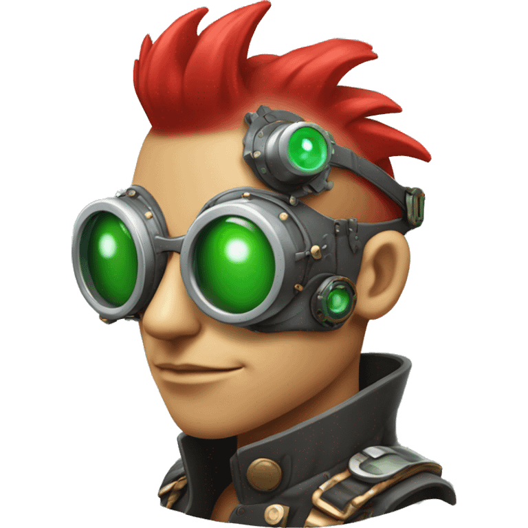 Male cyborg with thin red Mohawk and green steampunk goggles emoji