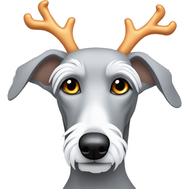 Scruffy grey bedlington whippet wearing antlers emoji