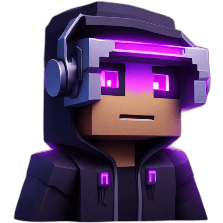 Minecraft steve wearing a black hoodie with "OMG" letters on it and VR headset in a cyberpunk VR environment with violet neon lighting. emoji