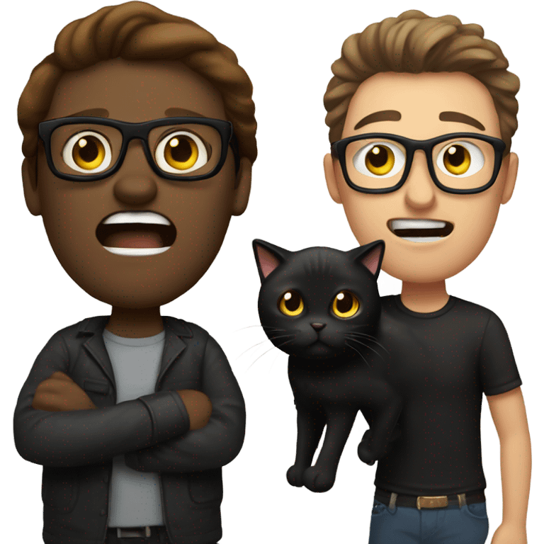 medium length brown haired man with black glasses being attacked by fat black cat emoji