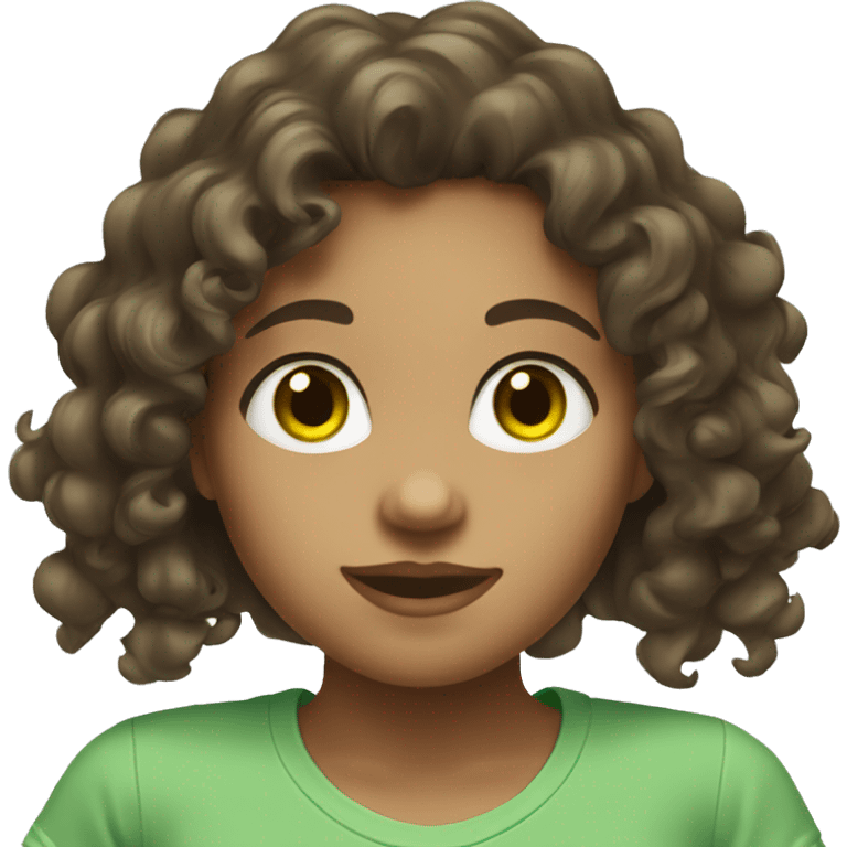 a pretty girl with curly dark brown hair, with green eyes and white t-shirt emoji