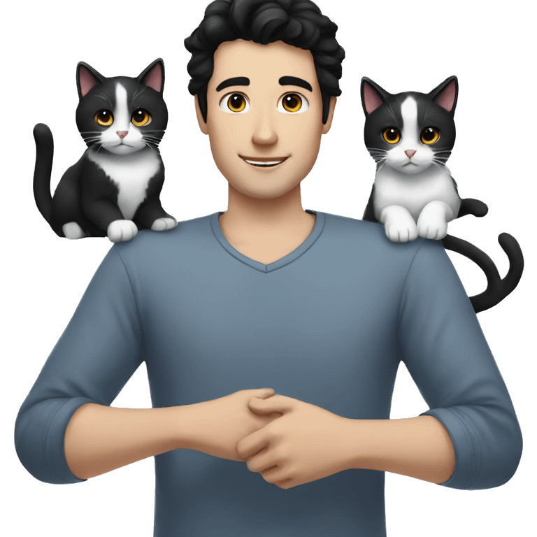 white Guy with black hair, pinch and two black and white cats emoji