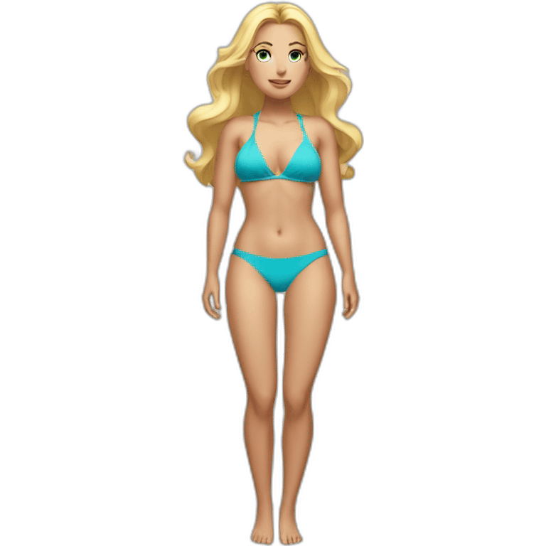 Slim-thicc Caucasian woman with blues eyes and blond hairs bikini hands-in-hair pose (beach body) full body emoji