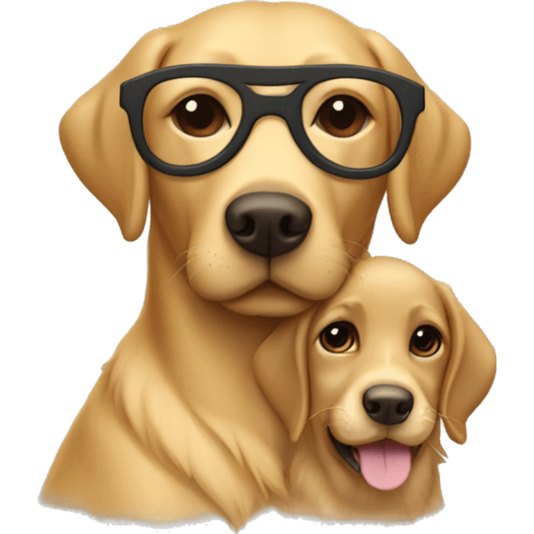 Golden Labrador retriever cuddles with a girl with brown hair, glasses and a nose piercing emoji