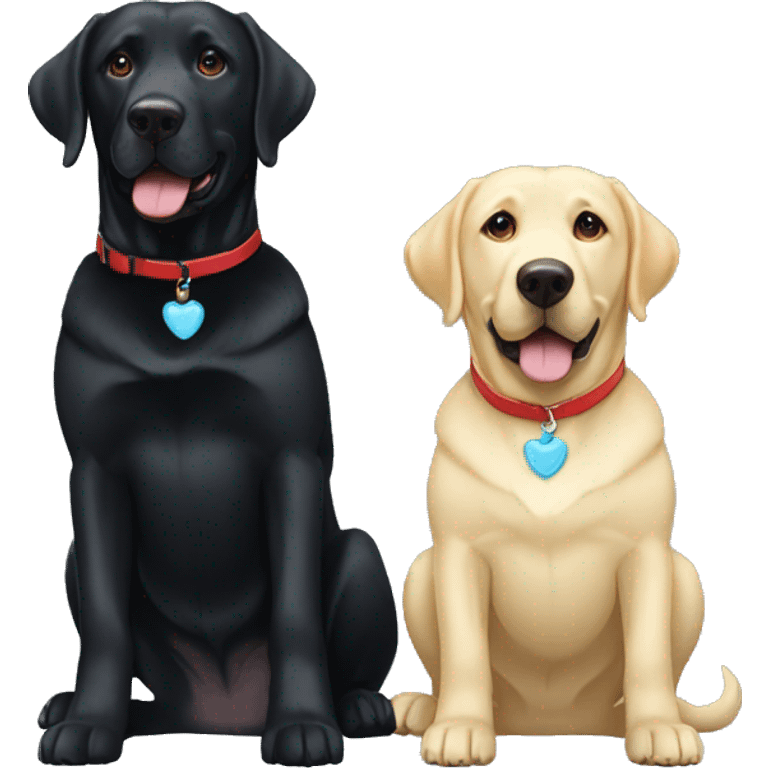 one happy adult black labradors with a red collar next to one happy adult black labradors with a light blue collar. emoji