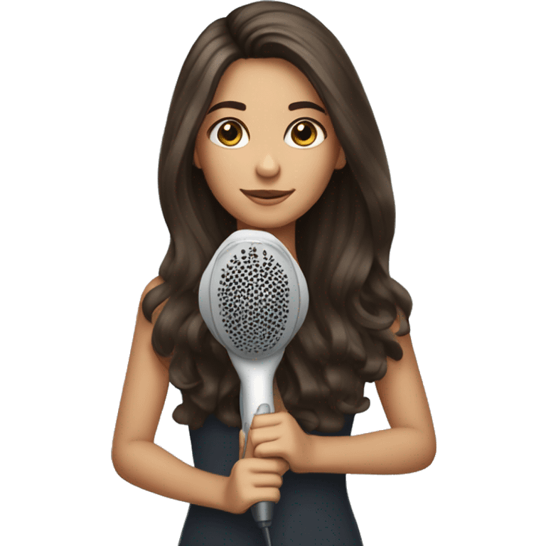 brunette girl with long hair and a hair dryer in her hands emoji