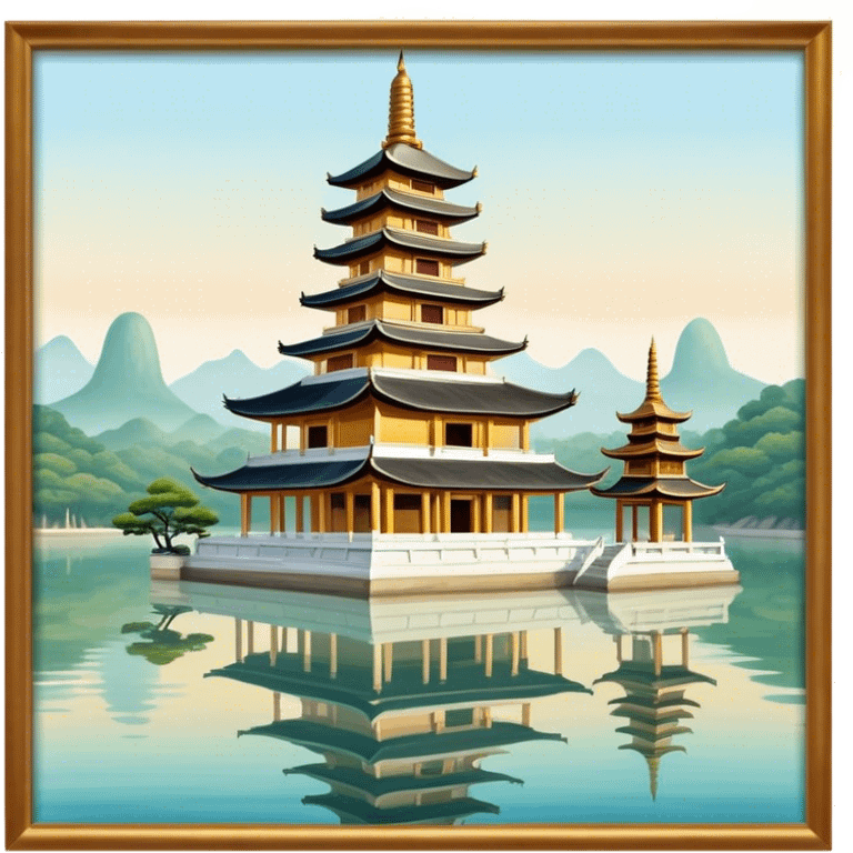 Cinematic Realistic Tran Quoc Pagoda Landmark Emoji, depicted with an ancient pagoda set on tranquil waters rendered with delicate textures and serene, reflective lighting. emoji