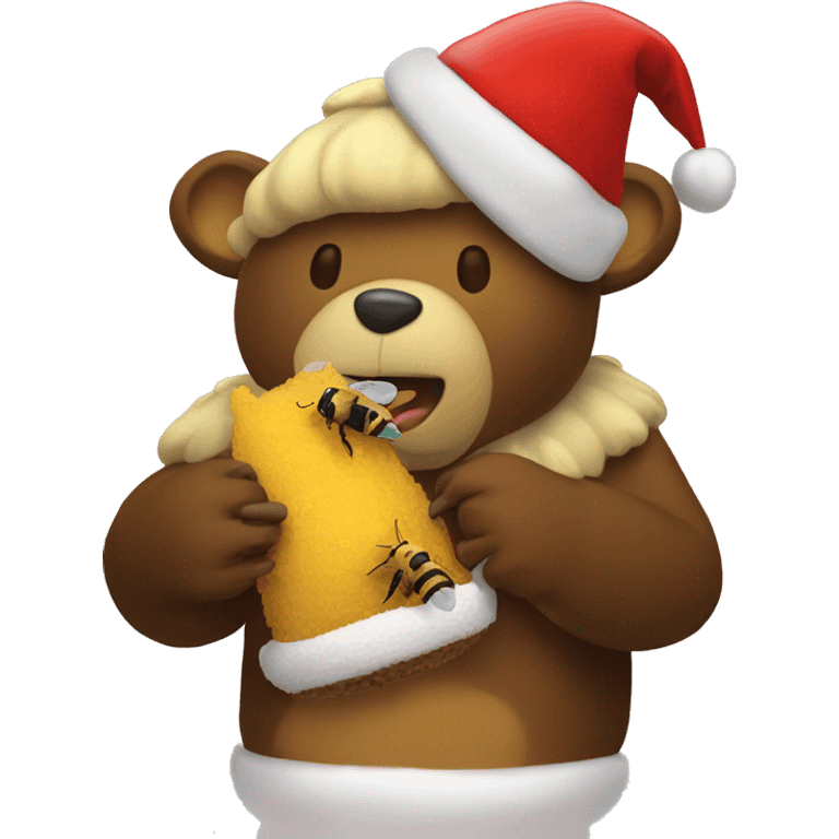 a bee eating a bear wearing a christmas hat emoji