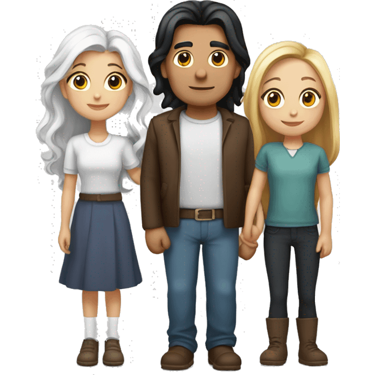  a woman with long brown hair, a man with white hair and a round face, and a young girl with long black hair standing between them, representing a family unit emoji