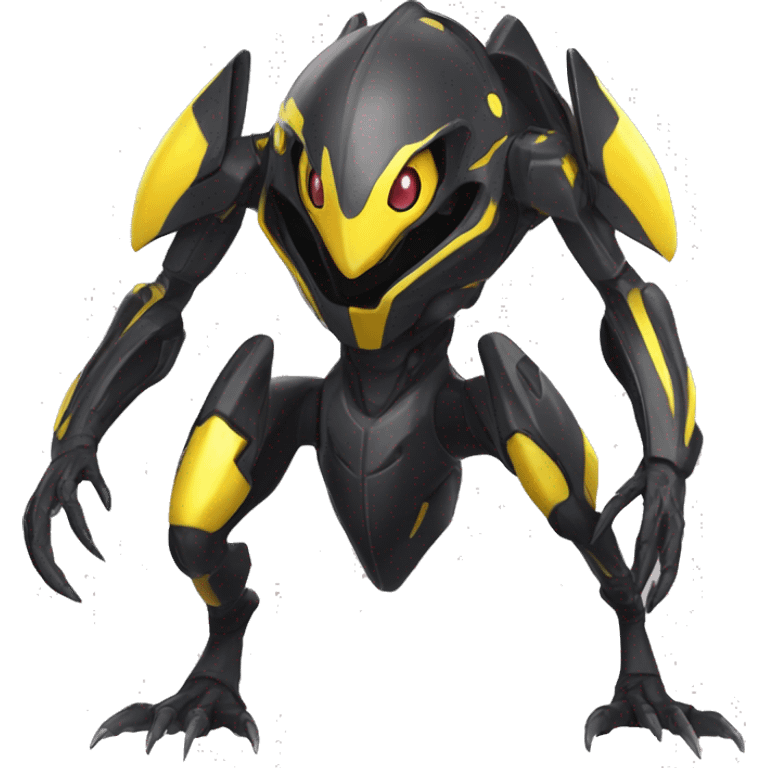 a shiny black-yellow Genesect-Raptor-Fakémon—hybrid with a futuristic visor-helmet full body emoji