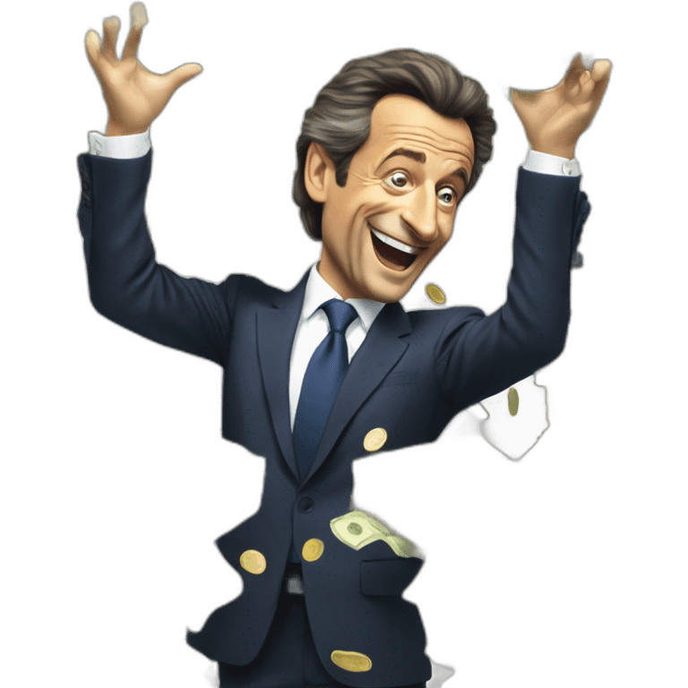 Nicolas Sarkozy throwing money with happy face emoji