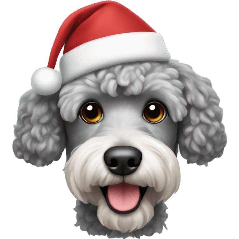 Grey poodle terrier mix wearing a Santa hat emoji