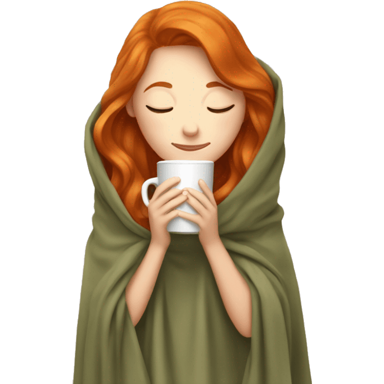 girl with Ginger hair inside a blanket sipping coffee eyes closed emoji