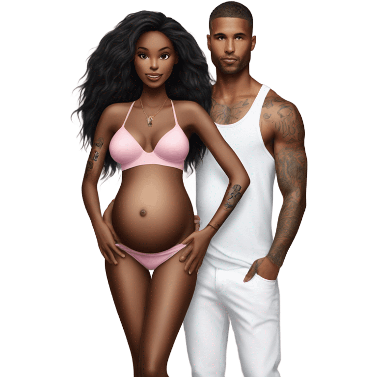 Photo of a Victoria secret model pregnant Standing next to a tattooed male model  emoji