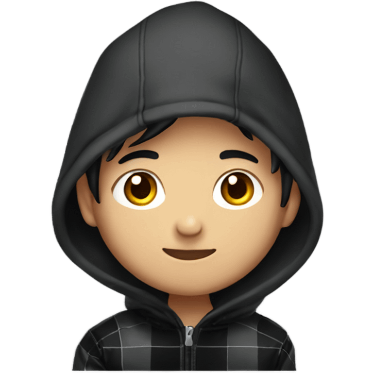 Asian boy wearing red checkered gloves on hands and black hoodie emoji