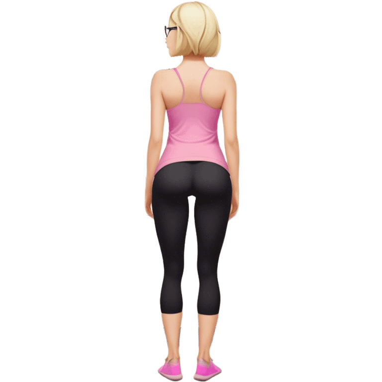 View from knees up, view from the back, fair skinned woman, thick milf, short blond hair, small reading glasses, cooking dinner in kitchen, pink loose tank top, showing natural B cup breast shape SFW, black yoga pants, large curvy booty emoji