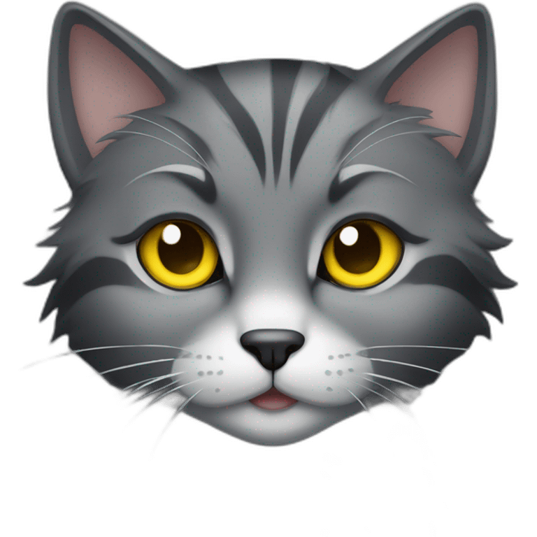 gray and black medium furry cat with yellow eyes looking naughty emoji