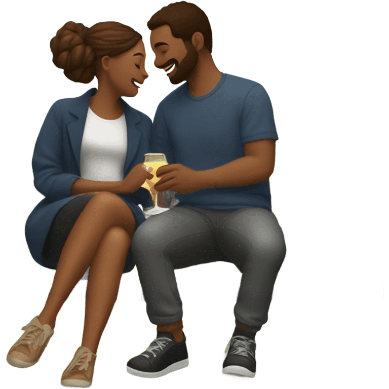 couple sitting closely on a park bench, enjoying a romantic moment. One person is holding a croissant, and the other is holding a glass of Prosecco. Surround them with a relaxed atmosphere, such as greenery or flowers, to create a cozy and intimate vibe emoji