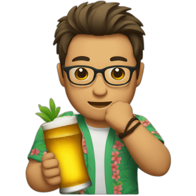 Japanese wearing glasses alohashirt is holding beer emoji