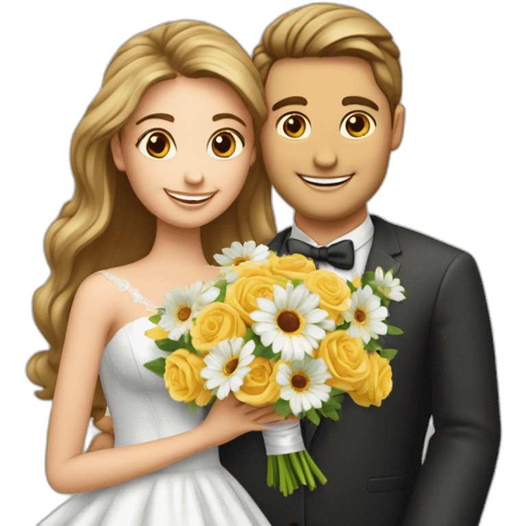 crée un emoji avec un personnage yeux festif et un énorme bouquet de fleur de mariage emoji