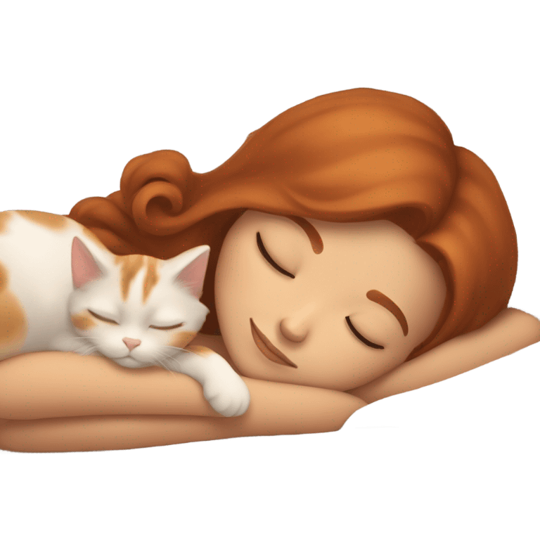 tan skin girl with auburn hair sleeping with calico kitty emoji