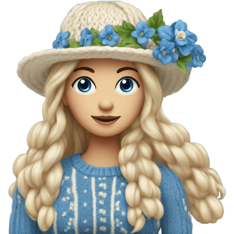 beautiful finnish long hair woman with blue eye knitting floral hat emoji