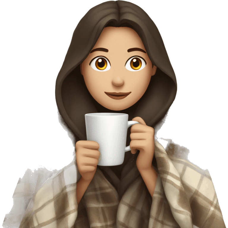 Brunette girl in a cozy blanket drinking a coffee emoji