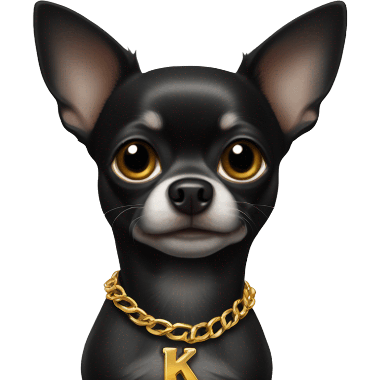 Black chihuahua wearing golden chain with letter k emoji