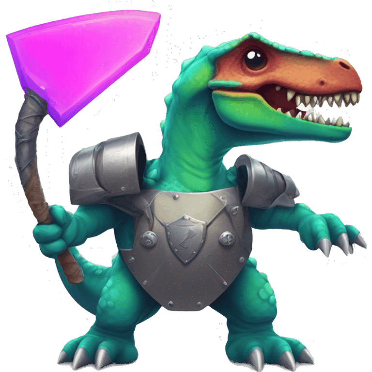 Retrowave dinosaur with a flail and shield chibi  emoji