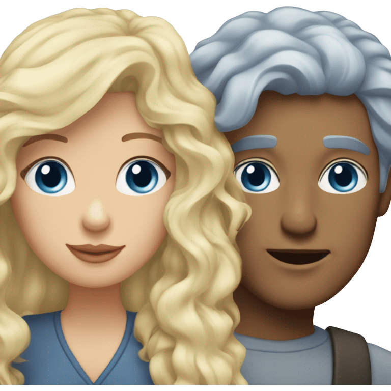 Women with long blond wavy hair with blue eyes kissing a man with grey short hair and blue eyes emoji