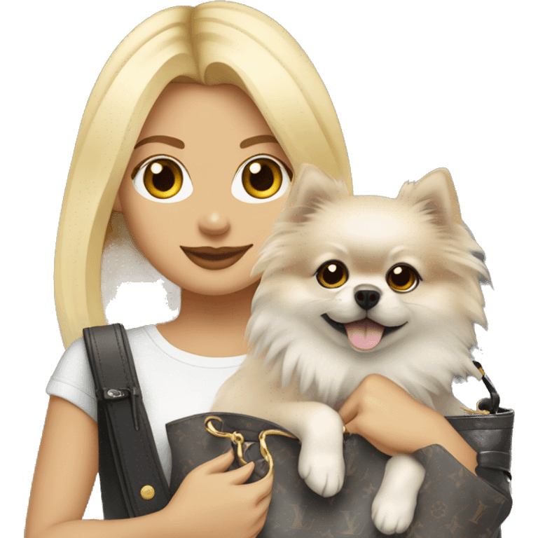 Pretty blonde girl carrying a grey Pomeranian in a Louis vuttion bag  emoji