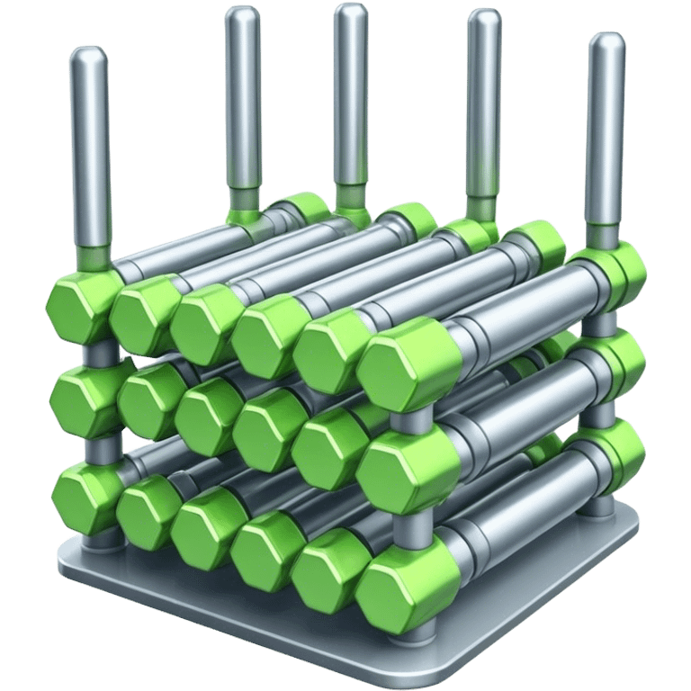 A bundle of uranium fuel rods used in a nuclear reactor, with a metallic structure and cylindrical rods, arranged in a hexagonal grid, futuristic and industrial style emoji