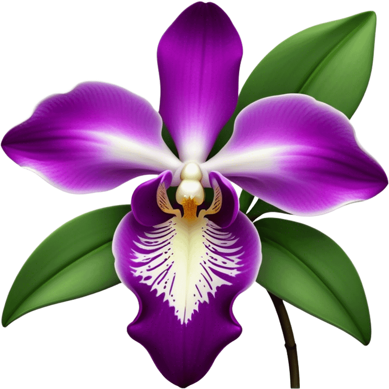 Cinematic Realistic Orchid Emoji, Exotic and elegant, with intricate, velvety petals in deep purple and white, forming a delicate and symmetrical blossom. The slender green stem holds the flower high, while surrounding leaves add lush contrast. Soft glowing outline, capturing the essence of rare beauty and sophistication in a captivating orchid. emoji