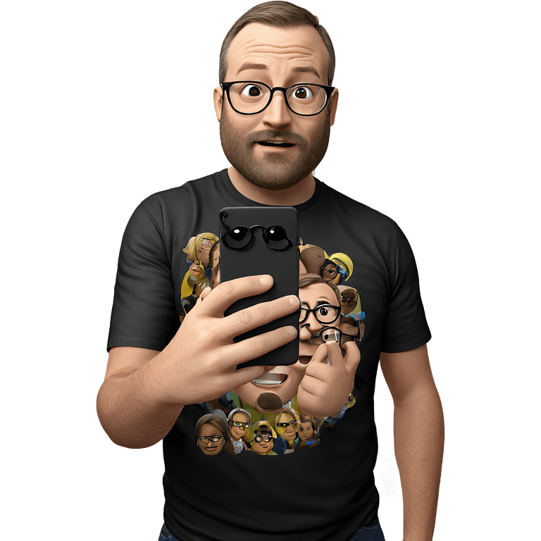 male with glasses taking selfie emoji