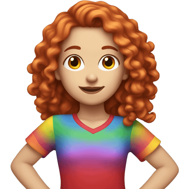 white girl with long red curly hair, wearing a rainbow shirt doing a pose emoji