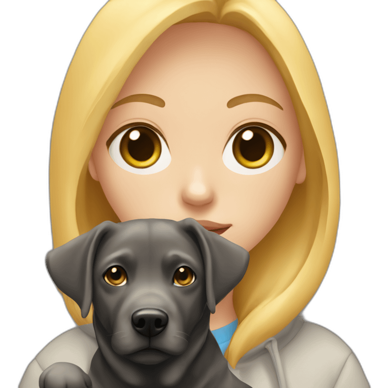 A blonde girl  with blues eyes, with smooth hair and a ray,she has light skin a few freckles, and she wear a hoodies and she Carries in his arms a black baby labrador dog  emoji