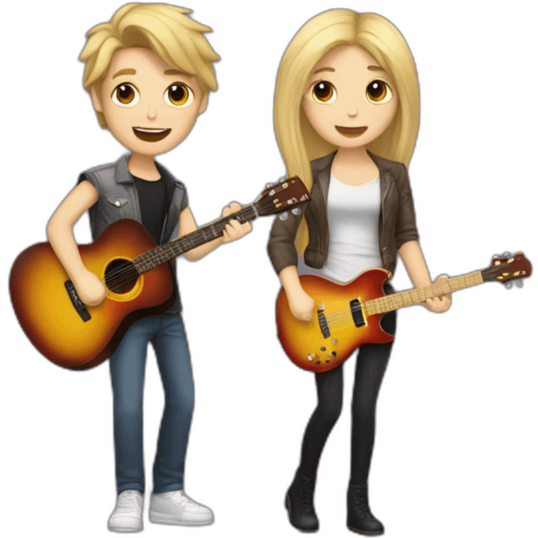 Singer girl with dark hair and blonde guitar player boy. Couple emoji