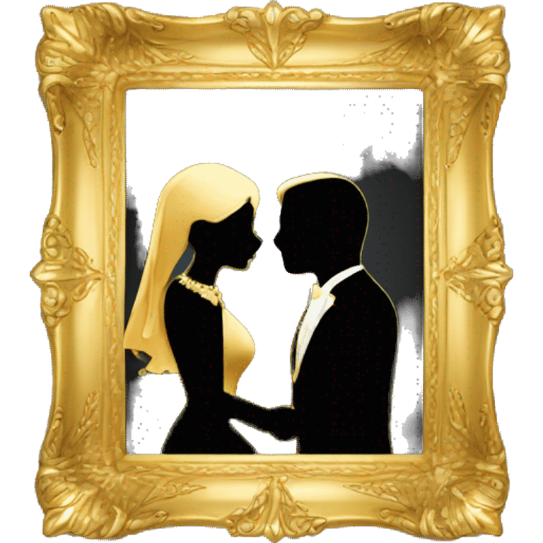 Luxury gold frame with black silhouette of wedding couple kissing,  emoji