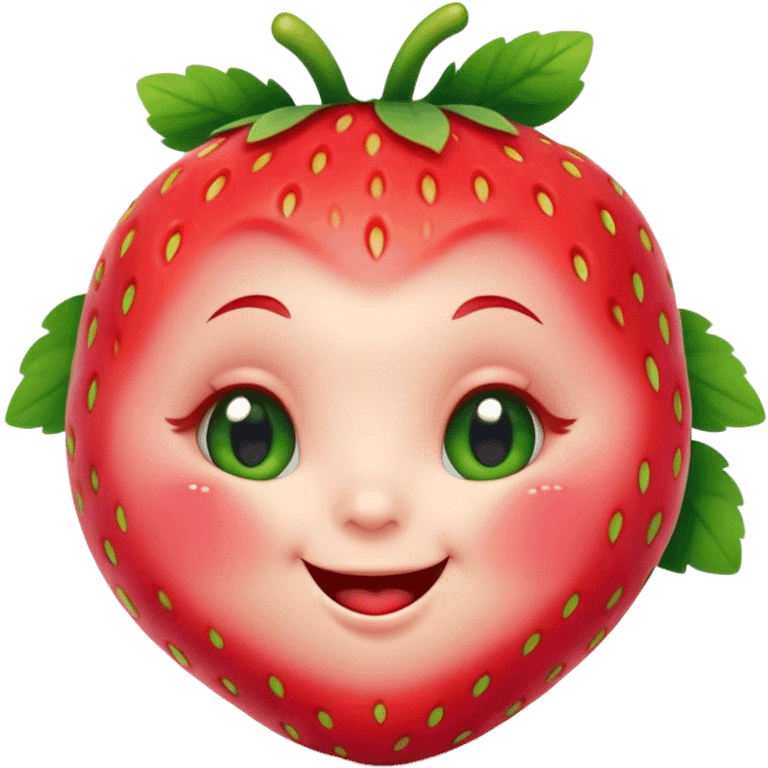 Cinematic plump happy strawberry, glossy bright red, tiny round eyes and blushing cheeks, green leafy top slightly tilted, cheerful and charming. emoji