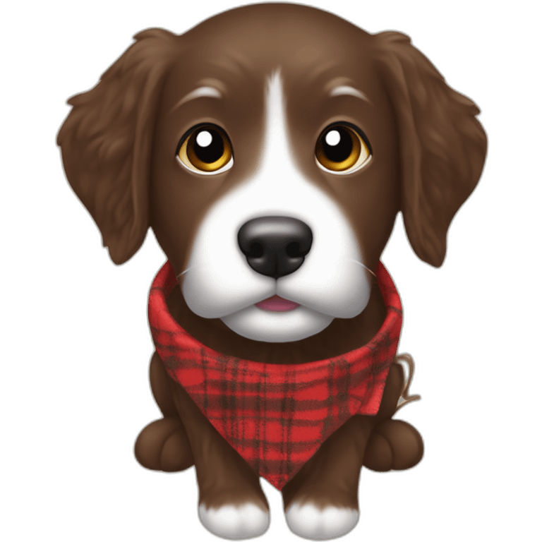 Chocolate brown colored doodle with a red and black flannel hankerchief holding a plush trout fish chew toy emoji