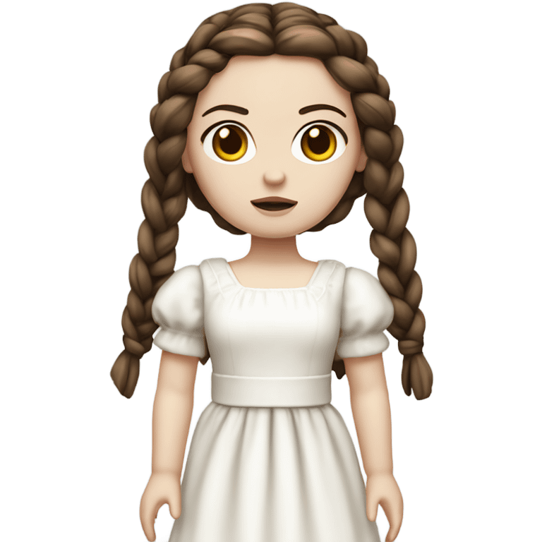 Doll with brown straight hair in braids, wearing a white dress and a serious expression. She has pale skin and a classic porcelain doll appearance, looking terrifying. emoji