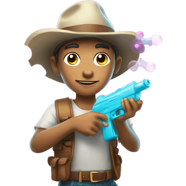 Caucasian boy in glowing outfit and hat with bubble guns in each hand emoji