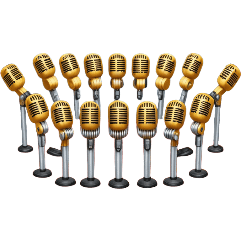 Create a vibrant and dynamic emoji that represents choral vocal performance. The design should feature 10 vintage stage microphones arranged in a semi-circle on a concert stage, symbolizing a vocal group or choir. Add musical notes flowing around the microphones to represent harmony and unity in the performance. Include concert lighting and a celebratory atmosphere to convey the excitement of live music. Use bright, bold colors like red, gold, and silver to emphasize the energy and glamour of the stage. The background should be transparent. emoji